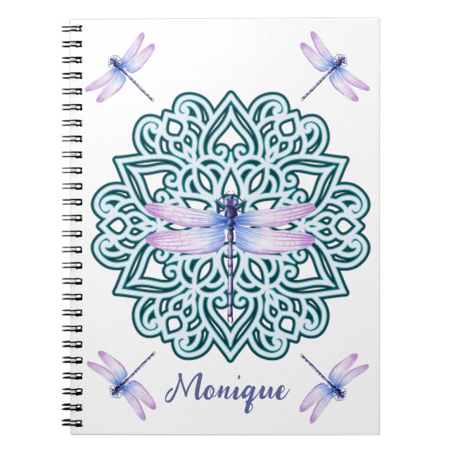 Personalised Blue Purple Mandala Dragonfly White Notebook (Front)