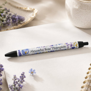 Personalised Blue Purple Wildflower Watercolor Black Ink Pen
