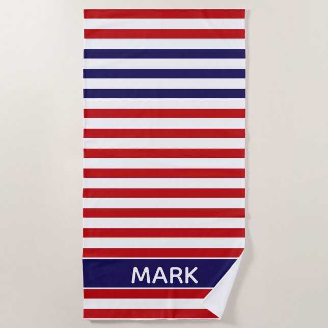 Personalised  Blue Red And White Multi Stripe Beach Towel (Front)