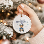 Personalised Blue Reindeer Baby  First Christmas Ceramic Ornament<br><div class="desc">Mark a little one’s very first Christmas with this charming vintage-style baby pram design. Wrapped in cosy fur-trimmed blankets and surrounded by delicate snowflakes,  this custom keepsake is a sweet and nostalgic way to remember baby’s first holiday season. Ideal for baby boys or a classic gender-neutral gift.</div>