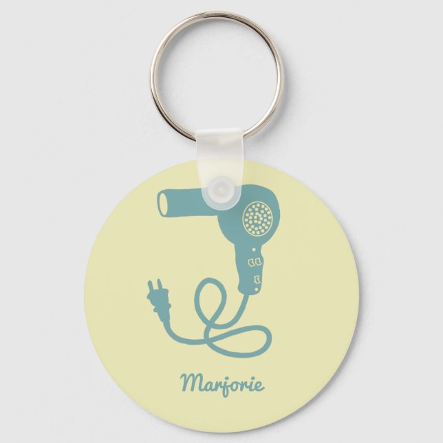 Personalised Blue Retro Hairdryer Blow Dryer Key Ring (Front)