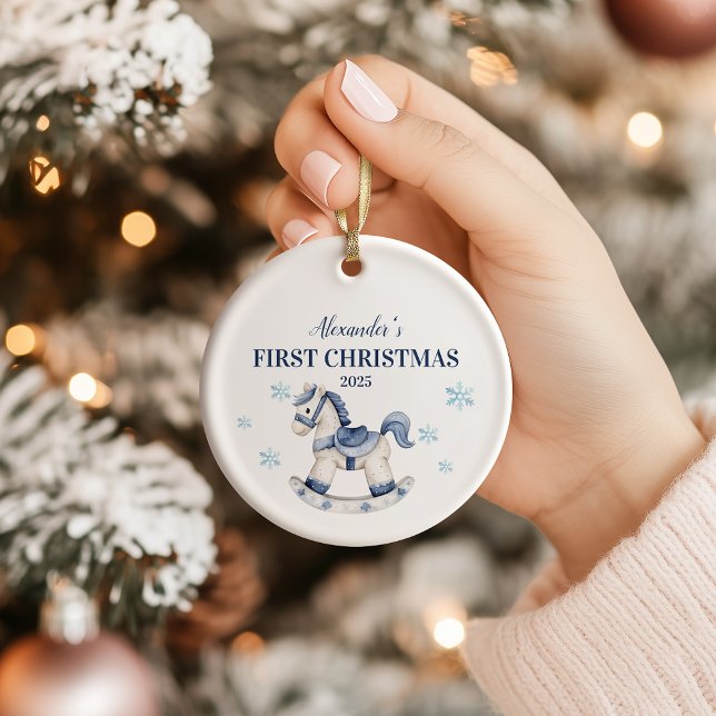 Personalised Blue Rocking Horse First Christmas Ceramic Ornament (Creator Uploaded)