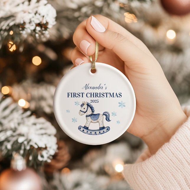 Personalised Blue Rocking Horse First Christmas Ceramic Ornament (Creator Uploaded)