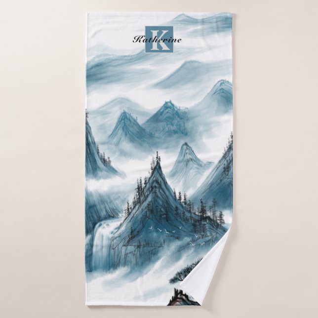 Personalised Blue Rolling Mountain View Bath Towel (Bath Towel)