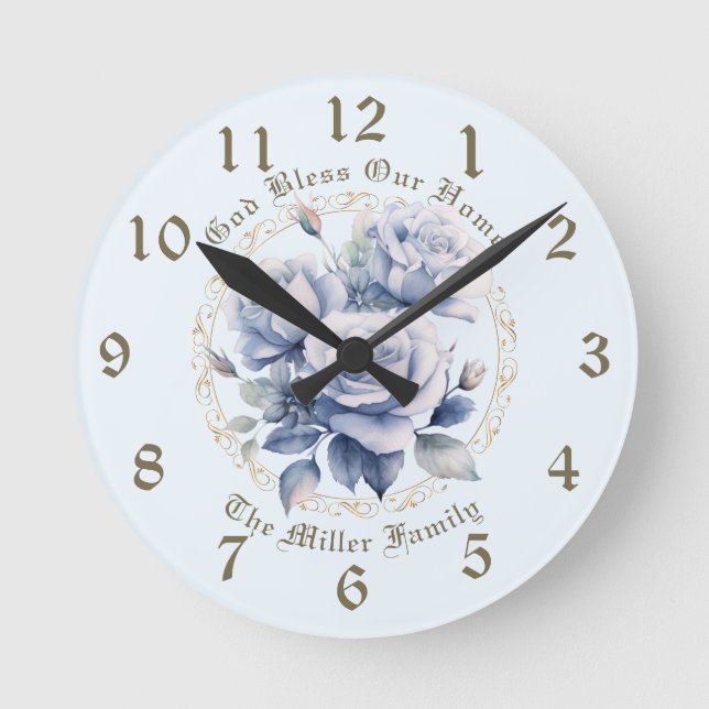 Personalised Blue Rose Clock God Bless Our Home (Front)
