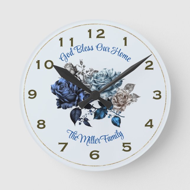 Personalised Blue Rose Wall Clock God Bless Our H (Front)