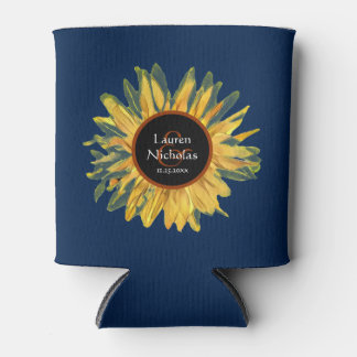 Personalised Blue Rustic Sunflower Wedding Can Cooler