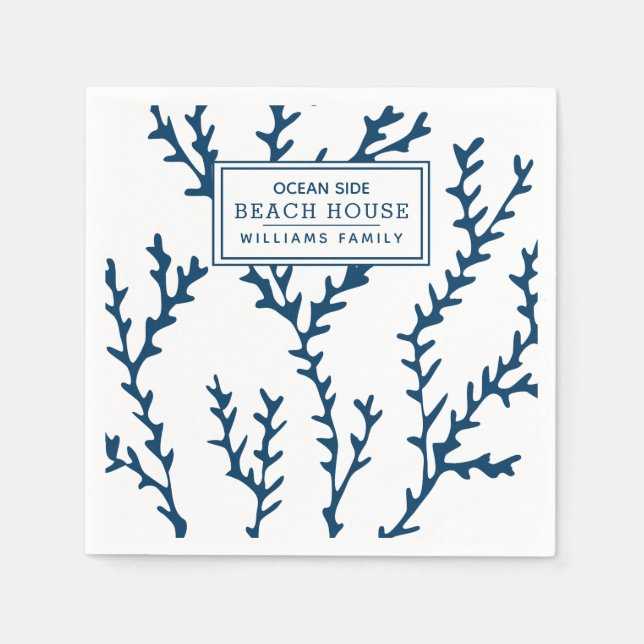 Personalised Blue Seaweed Pattern - Beach House Napkin (Front)
