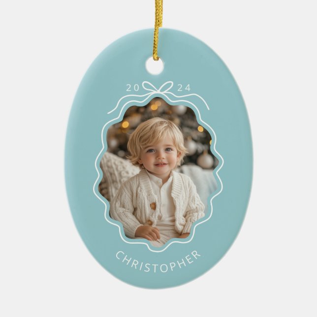 Personalised Blue Simple Bow Wavy Photo Christmas Ceramic Ornament (Front)