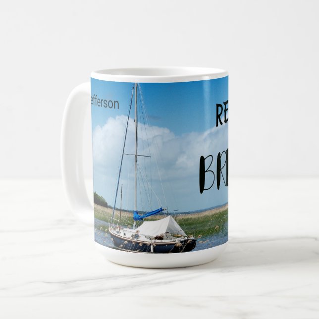 Personalised Blue Sky Sailboat & Sea Coffee Mug (Front Left)