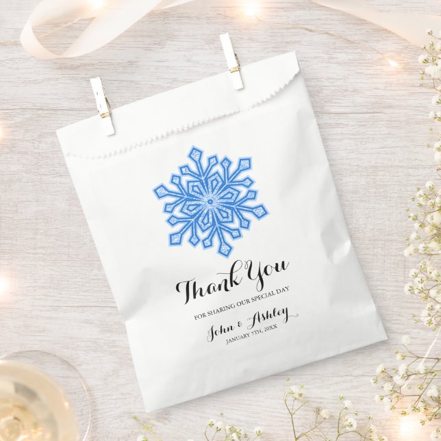 Personalised Blue Snowflake Winter Wedding Favour Bag (Clipped)