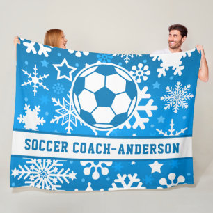 Personalised Blue Snowflakes Soccer Coach Name Fleece Blanket