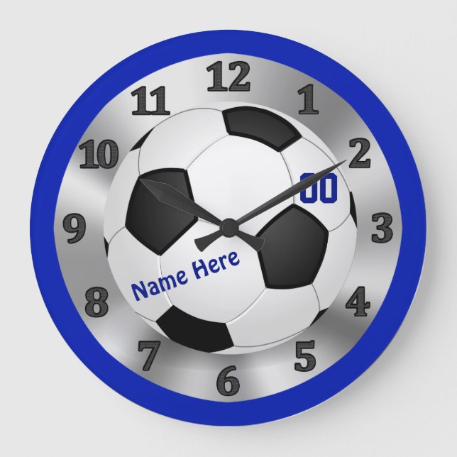 Personalised Blue Soccer Clock, NAME and NUMBER Large Clock (Front)