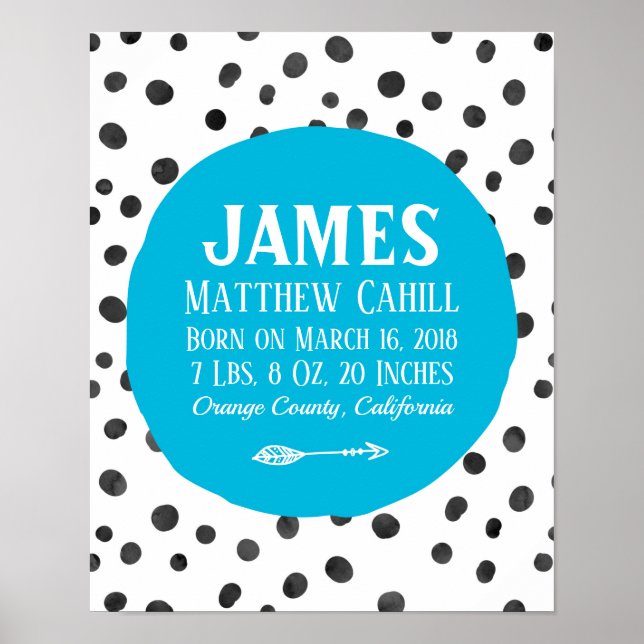 Personalised blue spot birth poster print (Front)