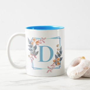 Personalised Blue Square Floral Border Monogram  Two-Tone Coffee Mug