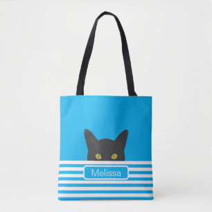 Personalised Blue Stripe Peeking Black Cat Tote Bag