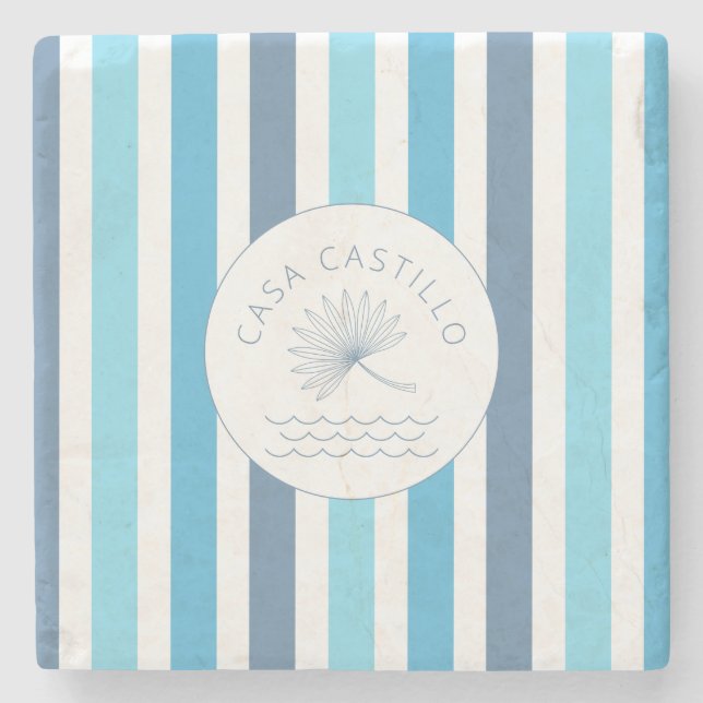 Personalised Blue Stripe Stone Coaster (Front)