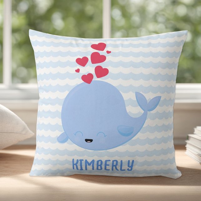 Personalised Blue Stripe Whale Cushion (Personalized Whale Pillow)