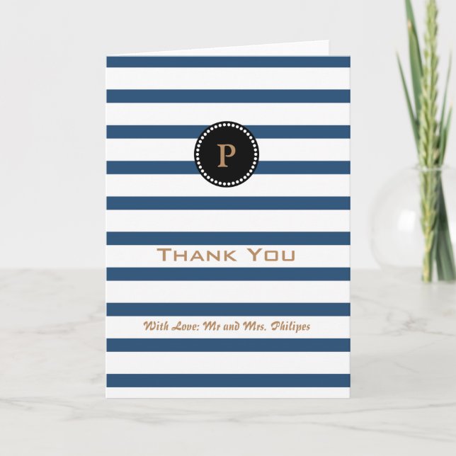 Personalised Blue Striped Monogram Thank You Card (Front)