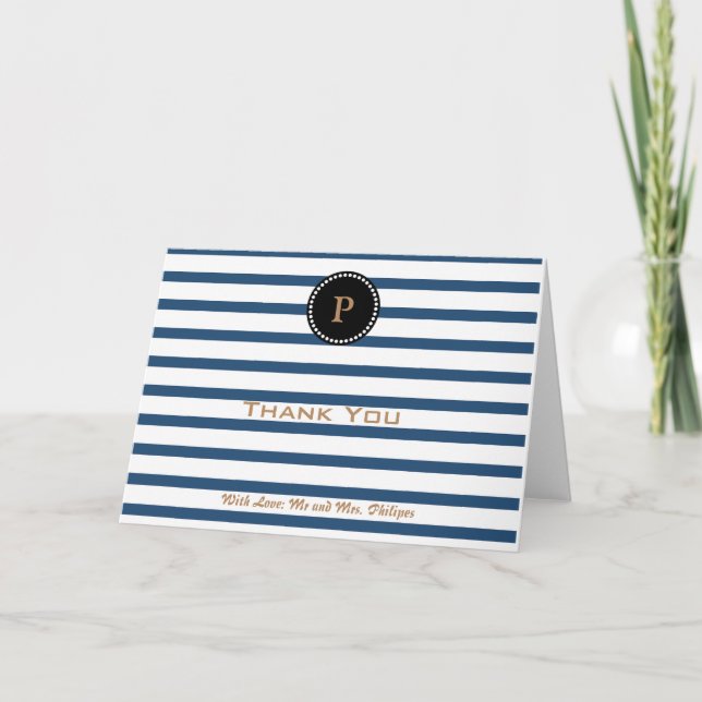Personalised Blue Striped Monogram Thank You Card (Front)