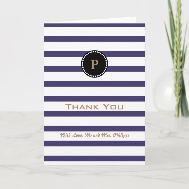 Personalised Blue Striped Monogram Thank You Card (Front)