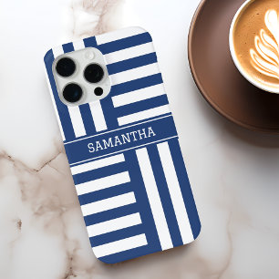 Personalised Blue Stripes Chic White Name Modern iPhone 15 Pro Max Case