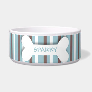 Personalised blue stripes dog bone pet food bowl