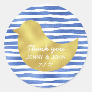 Personalised Blue Stripes Gold Wedding Thank you Classic Round Sticker