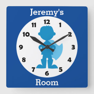 Personalised Blue Superhero Boy Kids Room Square Wall Clock