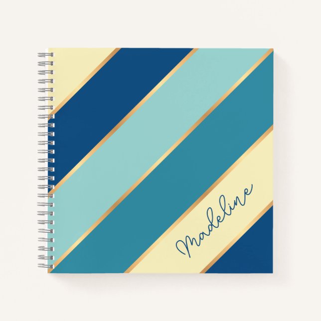 Personalised Blue Teal Green Yellow Gold Stripe Notebook (Front)