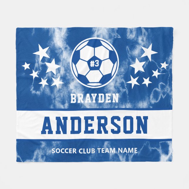 Personalised Blue Tie Dye Soccer Player Name Fleece Blanket (Front (Horizontal))