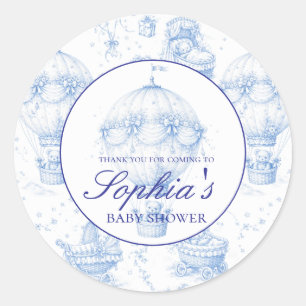 Personalised Blue Toile de Jouy Baby Shower Stick Classic Round Sticker