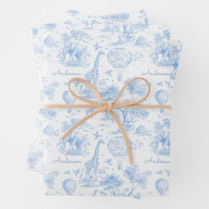 Personalised Blue Toile Safari Baby Shower Gift Wrapping Paper Sheet