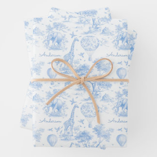 Personalised Blue Toile Safari Baby Shower Gift Wrapping Paper Sheet
