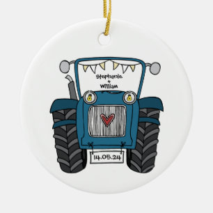 Personalised Blue Tractor Country Wedding Gift Ceramic Ornament