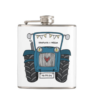Personalised Blue Tractor Country Wedding Gift Hip Flask