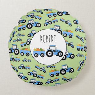 Personalised Blue Tractor Truck Farm Produce Round Cushion