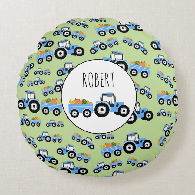 Personalised Blue Tractor Truck Farm Produce Round Cushion (Front)