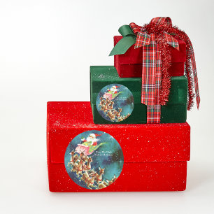 Personalised Blue Vintage Santa Claus and Reindeer Classic Round Sticker