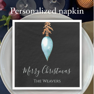 Personalised Blue Watercolor Bauble Christmas Napkin