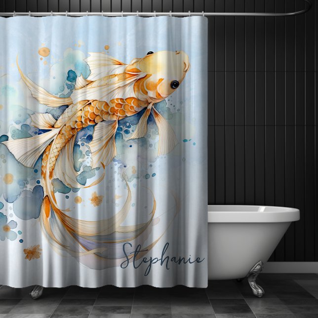 Personalised Blue Watercolor Gold Koi Fish Shower Curtain (Blue Watercolor Gold Koi Fish Personalized Shower Curtain)