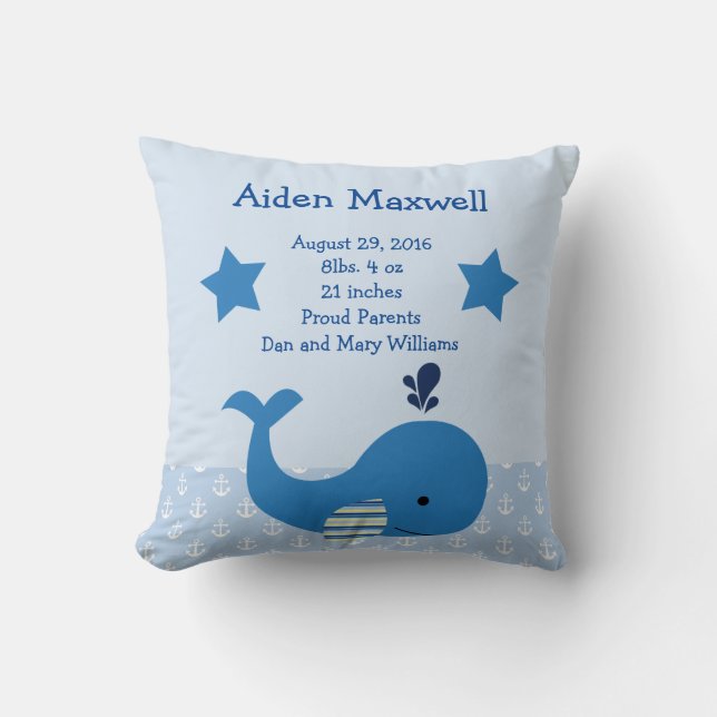Personalised Blue Whale Nautical Pillow (Front)