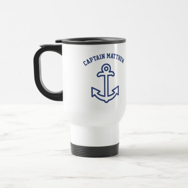 Personalised Blue & White Boat Anchor Travel Mug (Left)