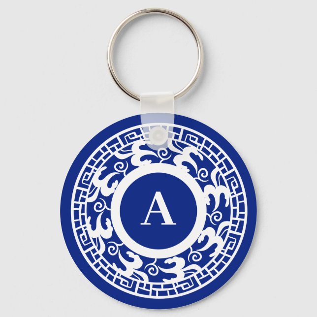 Personalised Blue White Chinoiserie Chic Monogram Key Ring (Front)
