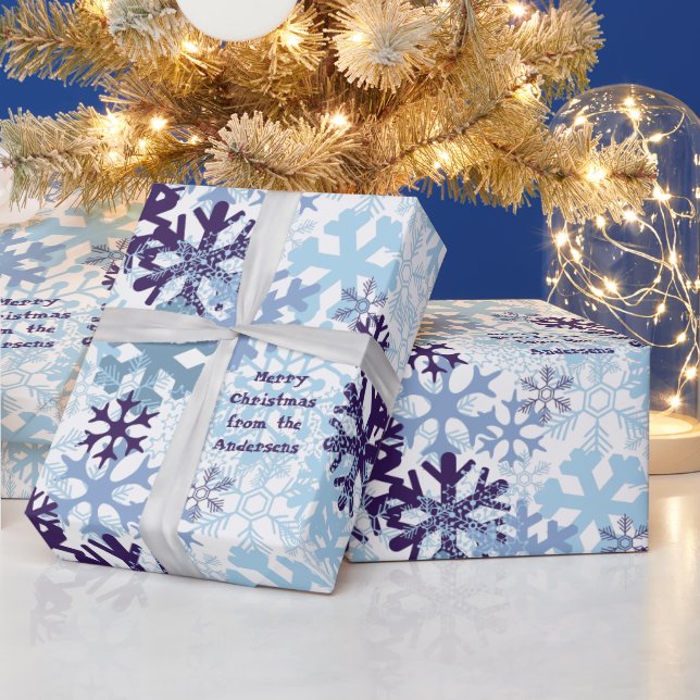 Personalised Blue White Christmas Snowflakes Wrapping Paper (Holidays)