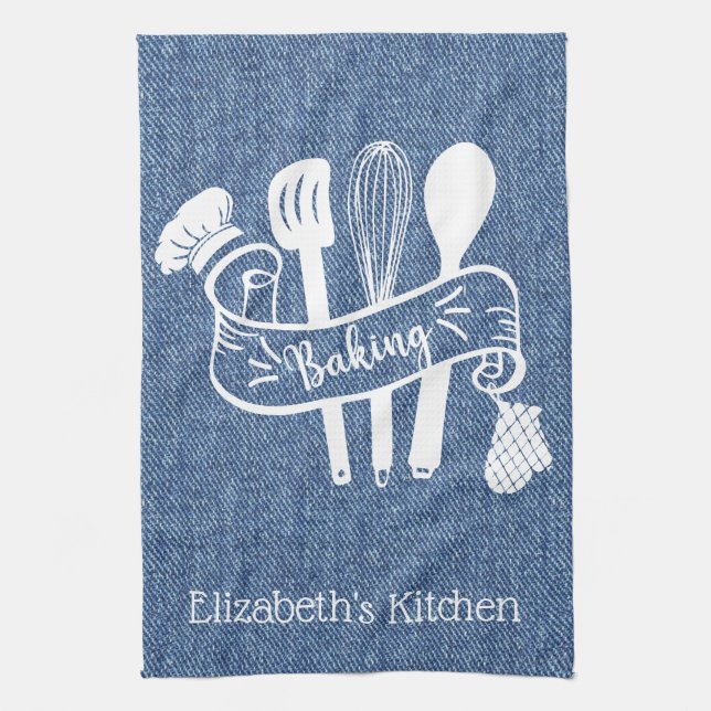 Personalised Blue White Faux Denim Baking Utensil Tea Towel (Vertical)