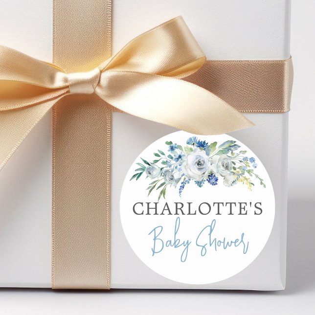 Personalised Blue White Floral Boy Baby Shower Classic Round Sticker (Creator Uploaded)