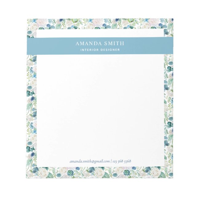 Personalised Blue White Floral Romantic Elegant  Notepad (Front)