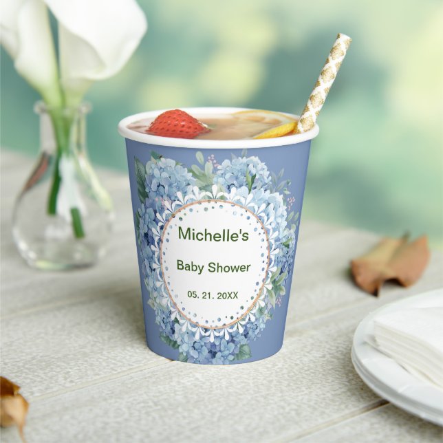 Personalised Blue & White Florals Paper Cups (Insitu)