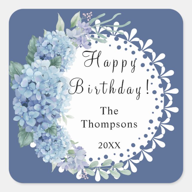 Personalised Blue & White Florals Square Sticker (Front)